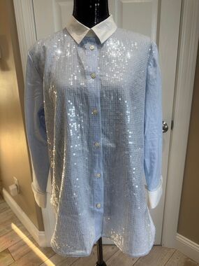 Light Blue Sequin Button-Up Shirt with White Collar Cuffed Sleeves
